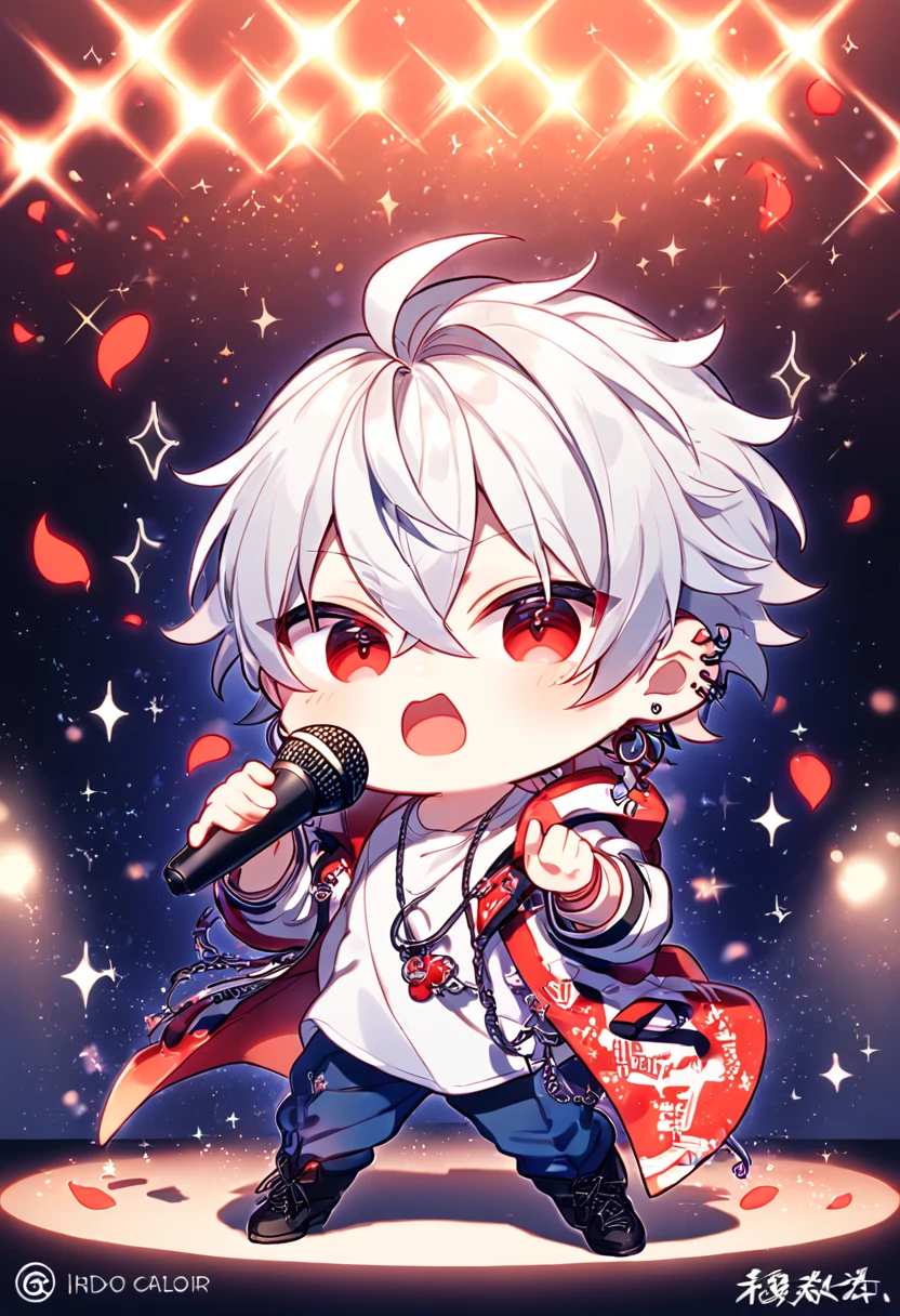 absurdres, highres, ultra detailed, HDR, master piece, best quality, extremely detailed, Aohitsugi Samatoki chibi, chin length white hair, expressive red eyes, long eyelashes, Hypnosis Mic, white shirt, blue pants, black boots, ear piercings, solo, cute, fantasy, holding a microphone, singing, stage, sparkling, red glittering lights, magical, red petals, lights