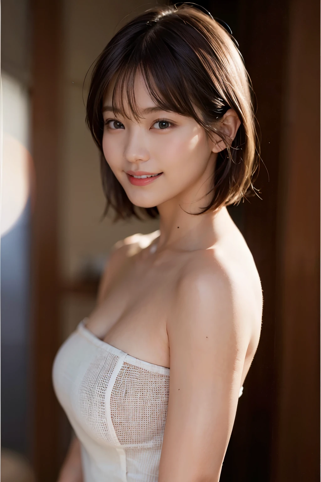 incredibly absurd, beautiful and cute 20-year-old Korean girl with a photorealistic face, showcasing top-quality craftsmanship. Her slender frame adorned with short, messy hair. The artwork high-resolution, allowing for ultra-detailed features to be captured flawlessly. The girl depicted naked. The focus lies on the realistic pupils, showcasing depth and emotion. ((breasts out))