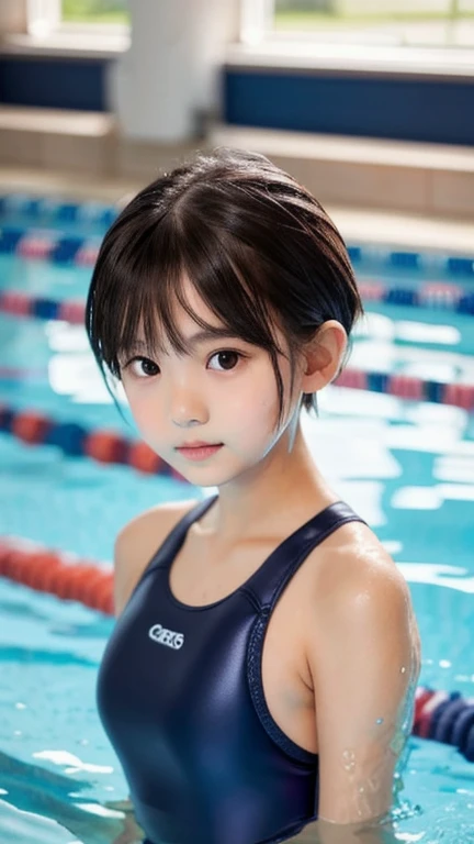 one girl, (a beauty girl, delicate girl:1.3), (:1.3),((Wet school swimsuit)) (Navy school swimsuit:1.3),((Cute pose)) ,Very detailedな明瞭さ, (Symmetrical eyes:1.3), (School swimming pool, indoor:1.3), Small breasts, Brown eyes, ((very beautiful short black hair)),((Pixie Cut))、 Brown Hair, girl,, (Eye and facial details:1.0),, (masterpiece, Highest quality, Very detailed, Detailed face, 8k)