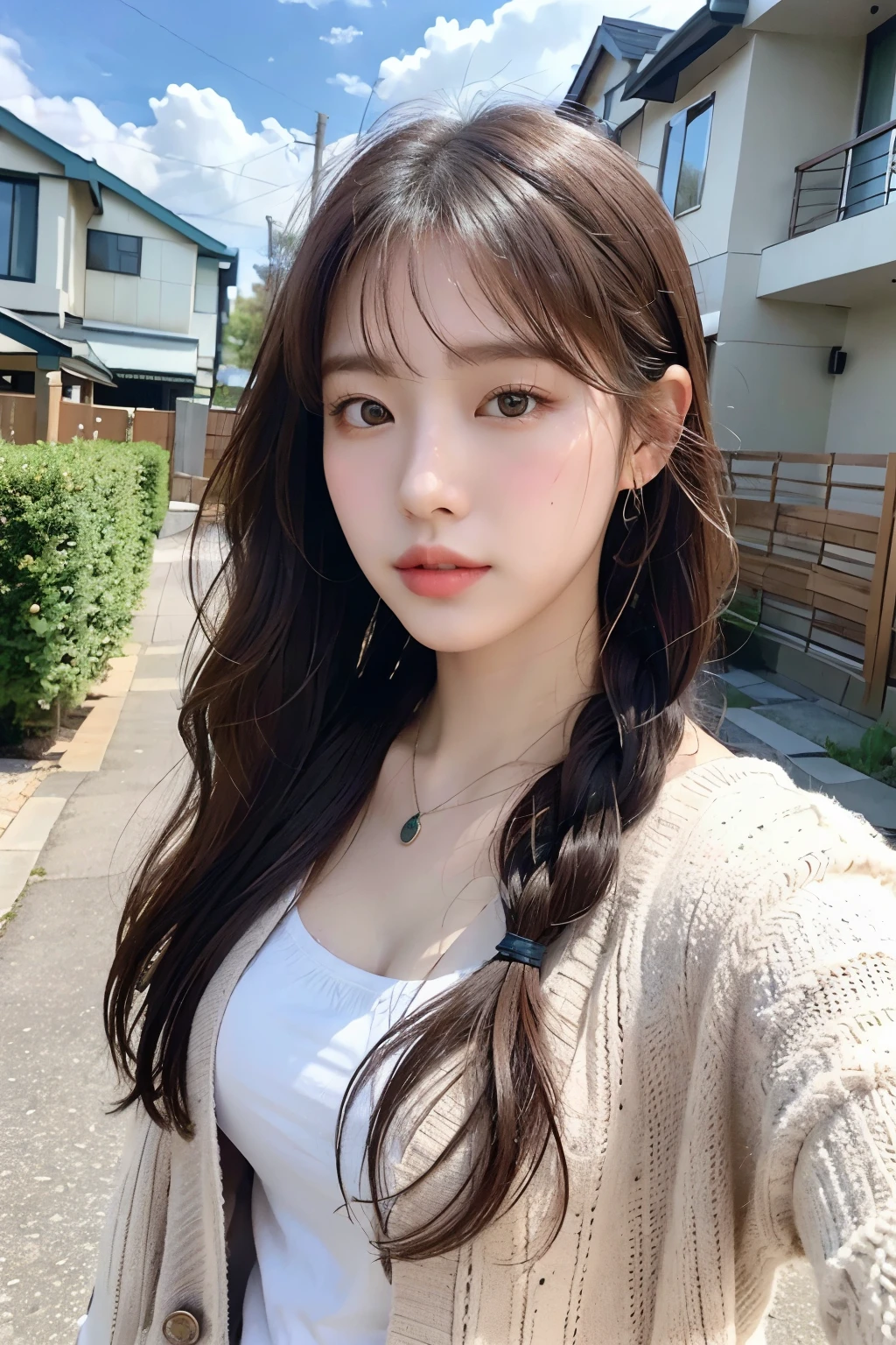 (Real, High Resolution: 1.3), 1 girl with perfect body, H1-KEY HWISEO, ((h1-key hwiseo)), Selfie angle, Close-up, A young woman with braided hair and a cardigan is walking down a suburban street. She has a bright and attractive look. In the background are houses and utility poles, and the slightly cloudy sky creates a soft and calming atmosphere.