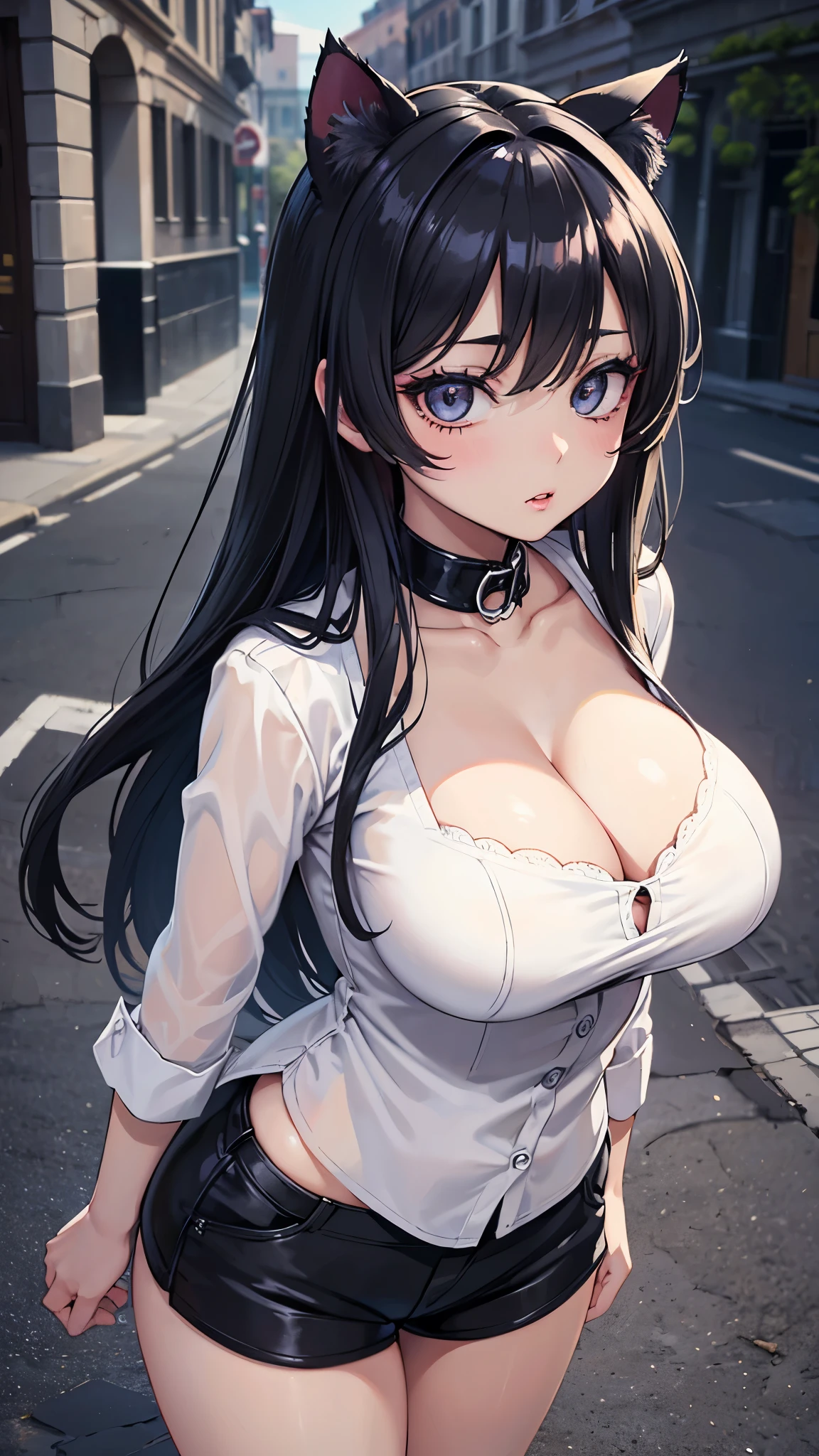 (masterpiece, 最high quality, 超High resolution, Very detailed), (Realistic:1.1, photoRealistic:1.4), Perfect illustration, Perfect lighting,Hair in perfect detail, Perfect and detailed face, Perfect collarbone, Perfect body,Juicy breasts, Perfect Thighs, Beautiful feet, View your viewers, 1 Girl,Perfect Face, (Perfect Anatomy, Anatomically correct), Symmetrical face、((Shiny Hair)),Sexy Body、(masterpiece),(最high quality：1.3),8k,Very clear,(Ultra-realistic),,Captivating woman,(high quality, High resolution, Fine details), Realisticなスタイルの女性,Juicy breasts、One perfect woman、Perfect Face、Symmetrical face、、((Large Breasts))、blush、((Juicy lips))、Cowboy Shot、((Black, fine hair))、((Cat ears))、((Double black big cat eyes、Long eyelashes))、((Red makeup))、(((open white collar shirt、Cleavage)))、(((high-waisted shorts)))、(Outdoor、On the streets of Rome)