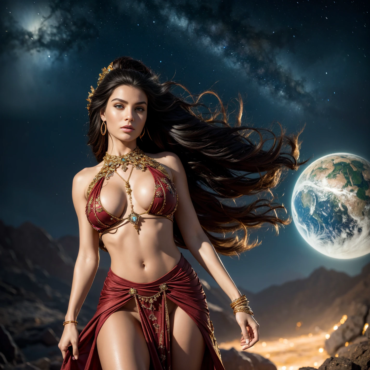 The prompt: "Nude princess of Mars, intricate details, intricate gold jewelry, athletic and fit body, slutty, perfect hands, detailed hands, perfect eyes, detailed eyes, flirty, sexy, realistic, HDR, UHD, dynamic" Stable Diffusion prompt: "princess of Mars, intricate details, intricate gold jewelry, athletic and fit body, slutty, perfect hands, detailed hands, perfect eyes, detailed eyes, flirty, sexy, realistic, HDR, UHD, dynamic, oil painting, flowing red gown, vibrant colors, cosmic tattoos, glowing aura, fiery landscapes, captivating gaze, alluring charm, hypnotic atmosphere, celestial crown, radiant sunlight, intricate facial features, shimmering body jewelry, majestic presence, ethereal beauty, powerful aura, goddess-like elegance, otherworldly landscapes, striking pose, intense passion, alluring shadows, seductive allure, seamless blending of humanity and Martian heritage, evocative lighting, compelling gaze, sensuous curves, exquisite craftsmanship, divine femininity, transcendent allure, immortal grace, enigmatic beauty, mesmerizing radiance, awe-inspiring scenery, spellbinding energy, intoxicating blend of strength and vulnerability."