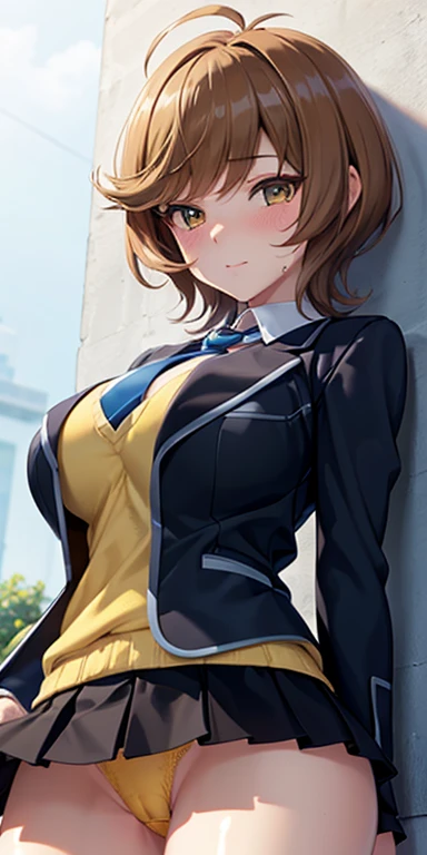 1 Female,High definition,high resolution,Ultra-realistic,8K, hmza, short hair, antenna hair, brown eyes, , blue necktie, (black jacket), yellow shirt,long sleeves,( black skirt),tight skirt , miniskirt,European,sexy,Upper body close-up,Photographed from the front,Dynamic Angles,blush, (big tits ), happy, wink the eye,facial, sweat ,(wide thighs:1.4),(yellow panties),(show panties),(pubic hair),(cameltoe)