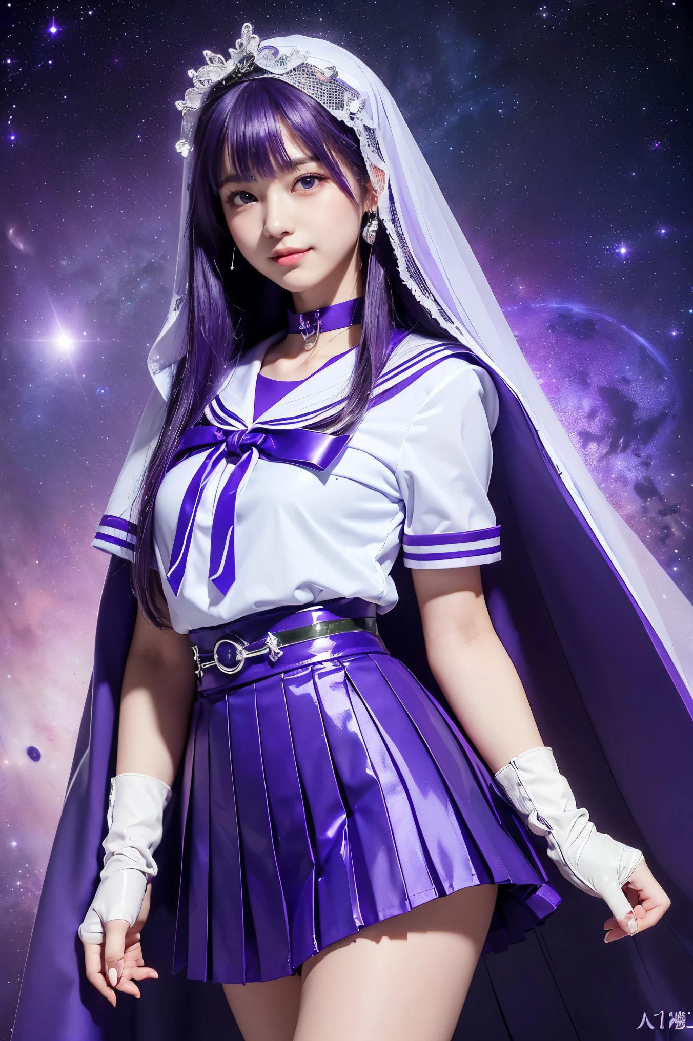 (((l Purple straight long hair、Purple Hair)))、(((Wear a thick white sister veil)))、(((A 14 year old Japanese girl wearing a shiny purple short sleeve sailor uniform with elbow gloves and a purple cloak over it,smile)))、(((Purple latex sailor collar)))、(((Purple tex pleated skirt)))、choker、Earrings、ribbon、belly button、 (((Sailor Warrior Uniforms)))、、Beautiful ornaments: 美しいPerfect Face, Soft Skin、Perfect Face, Intricate details, Splash screen, 8k resolution, masterpiece, Cute Face、(((Blue-purple and purple light)))、(((Space Background))、Queen of Queenasterpiece, Highest quality, Highest quality, Official Art, Beauty and aesthetics: 1.2), (One girl: 1.3)