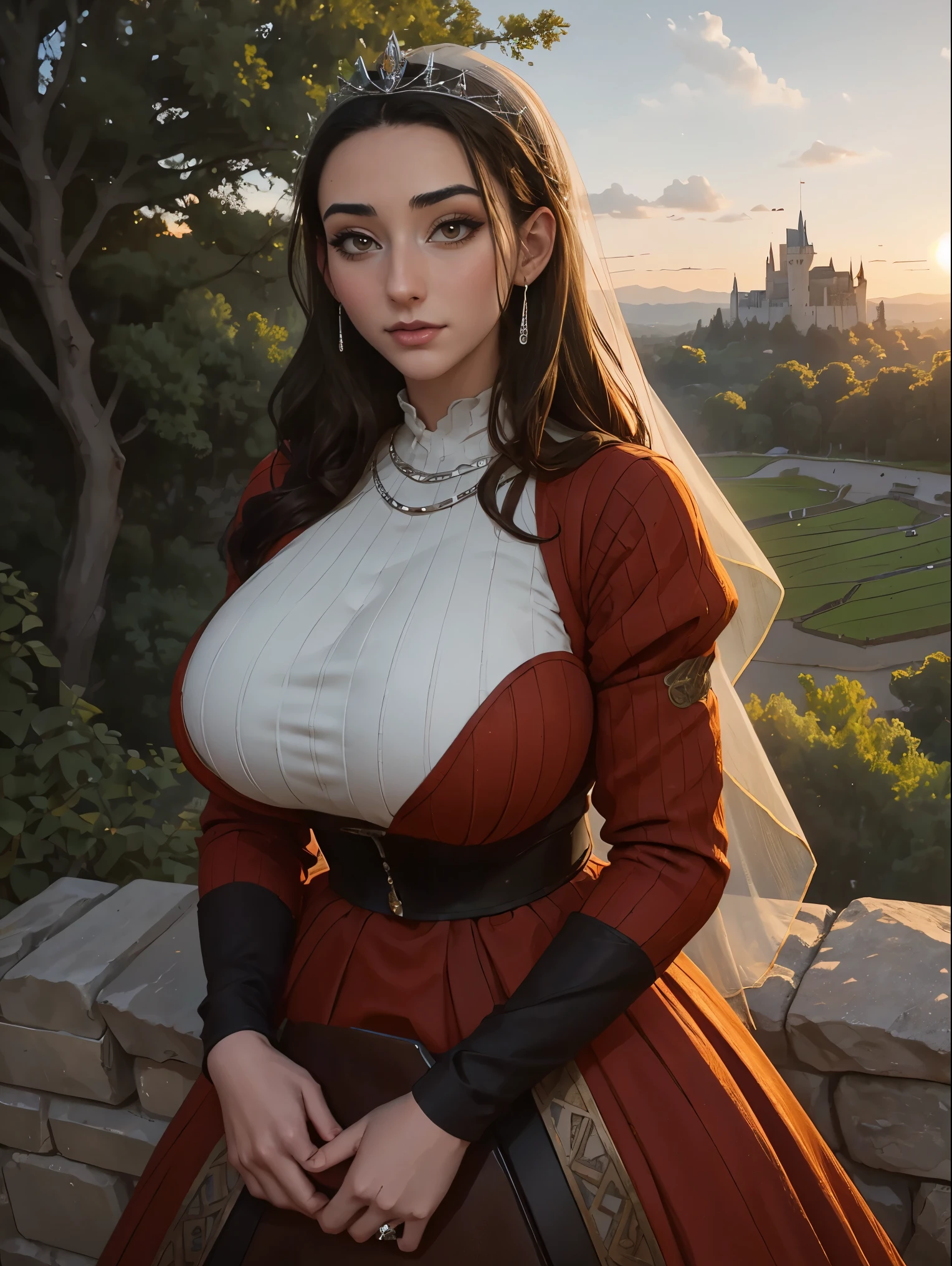 Gorgeous and sultry busty athletic (thin) brunette queen with sharp facial features wearing a modest updo, dark red medieval dress, long sleeves, intricate patterns, scrollwork, wide neck, crown, veil, long dress, modest dress, tight bodice, silver belt, (waist chain), medieval jewelry, Middle Ages, castle, rampart, wall, exterior, on top of a castle wall, trees, countryside, evening, sunset.