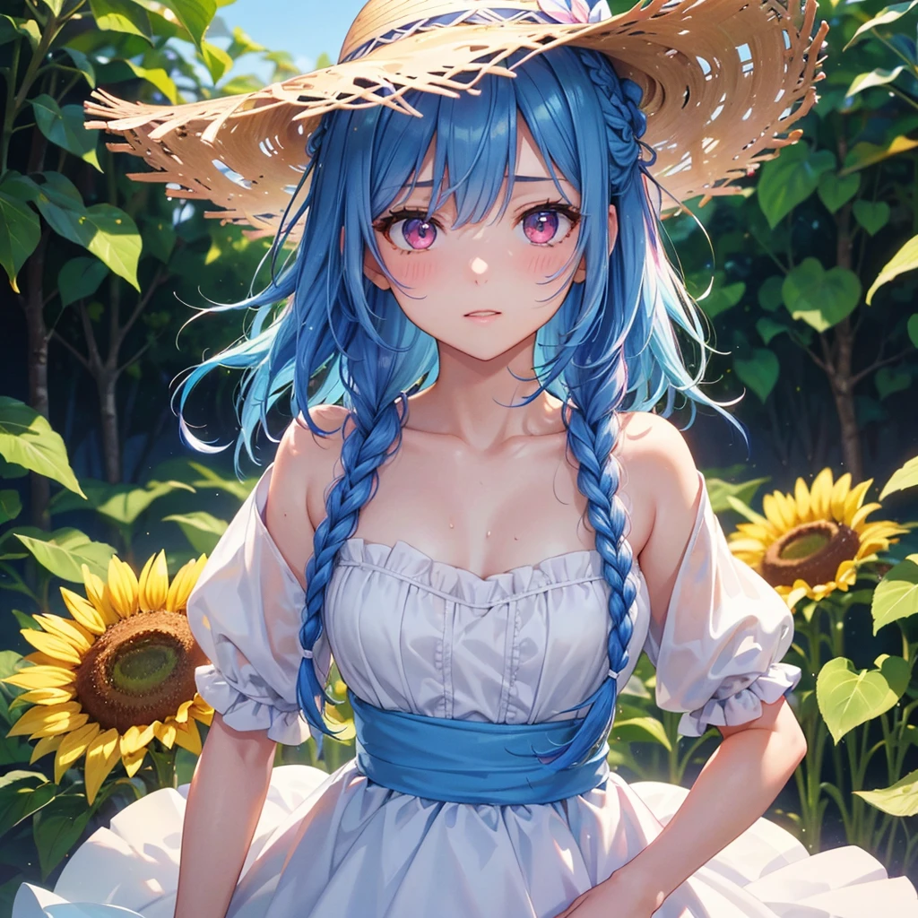 (Sky blue medium hair:1.2),(Braiding:1.2),(Pink Eyes),Fair skin ,(whole body),(One Girl),buzzer,Running in a sunflower field、Straight bangs,Wipe away sweat,Wink,Straw hat,(masterpiece, Highest quality, Very detailed, Best Shadow), (Detailed Background), (Beautifully detailed face), High Contrast, (Best lighting, Very delicate and beautiful), ((Cinematic Light)), colorful, Hyper Detail, Dramatic Light, Intricate details,buzzerの暑い日差し,