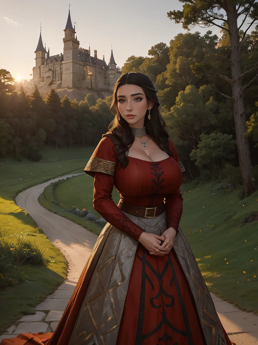 Gorgeous and sultry busty athletic (thin) brunette queen with sharp facial features wearing a modest updo, dark red medieval dress, long sleeves, intricate patterns, scrollwork, wide neck, crown, veil, long dress, modest dress, tight bodice, silver belt, (waist chain), medieval jewelry, Middle Ages, castle, rampart, wall, exterior, on top of a castle wall, trees, countryside, evening, sunset.