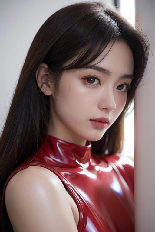 (RAW Photos:1.2)、Highest quality、Beautiful detailed girl、Tight red latex suit、Red latex bodysuit, Laughter、Highly detailed eyes and face、Beautiful and detailed、Large file size、High resolution、High resolution、More about 8k wallpaper、Highly detailed Ticker Uniform 8K Wallpaper、Light on the face、Cinema Lighting、16-year-old girl、Sexy pose、(Photorealism:1.4)、Raise your consciousness、Surrealism、 From below、Super Detail、masterpiece