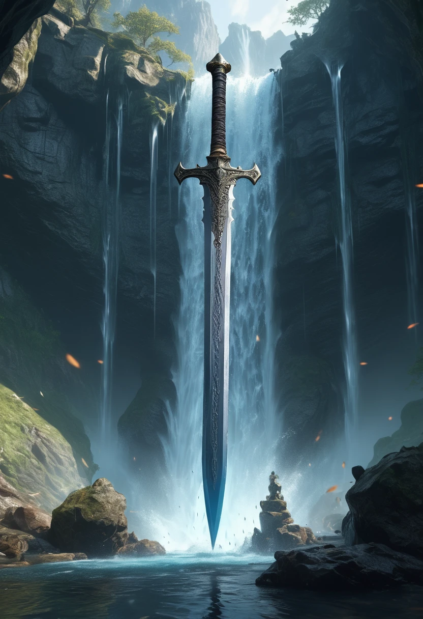 A huge sword under the Waterfall, fantasy art, (best quality, masterpiece, Representative work, official art, Professional, Ultra intricate detailed, 8k:1.3)