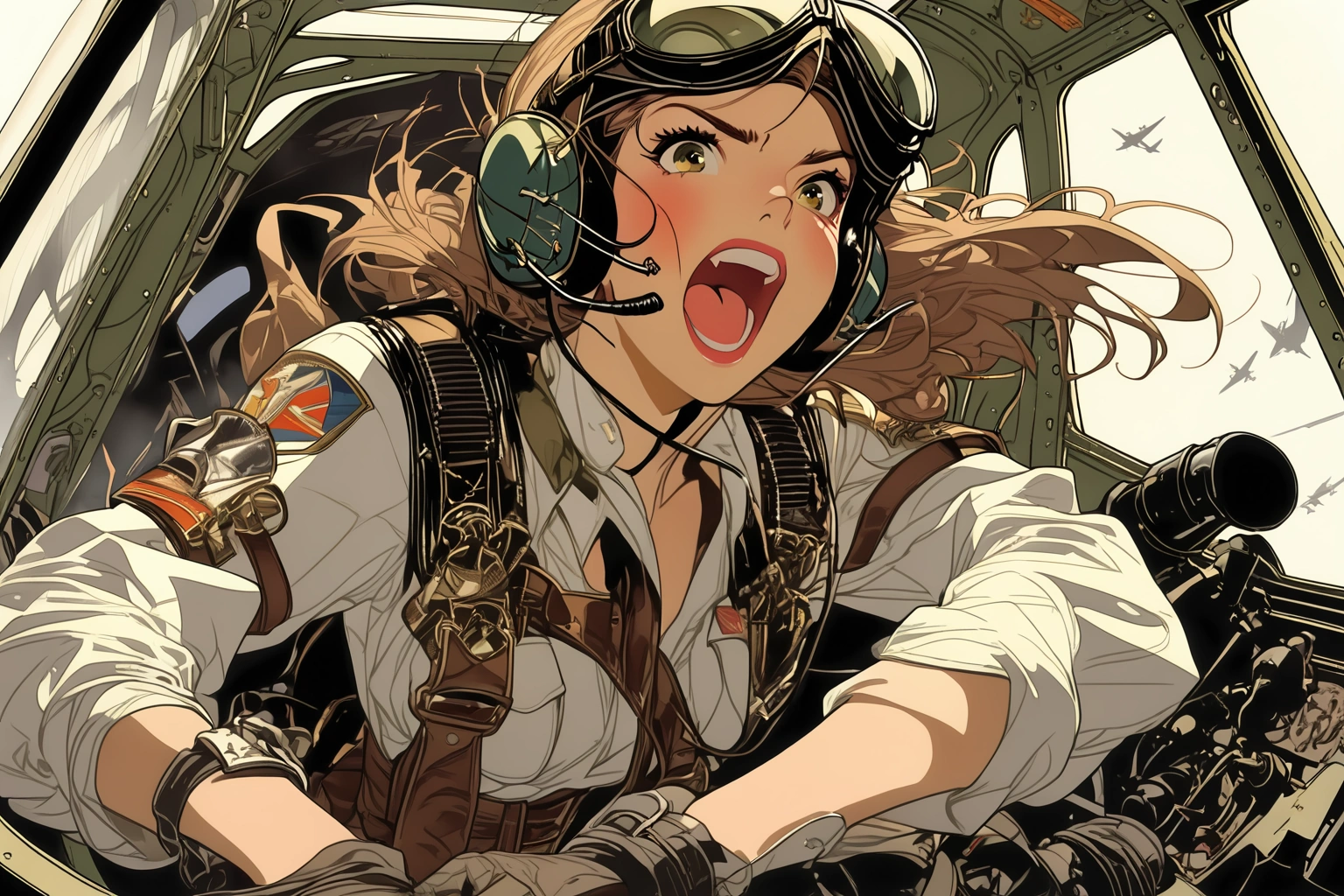 Female pilot, screaming, inside cockpit, ww2, art by J.C. Leyendecker. Style by Masamune Shirow