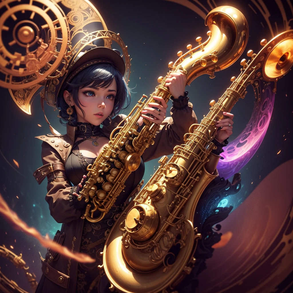 Create a surreal and psychedelic steampunk scene with a single, large saxophone as the central element. The saxophone should be highly detailed with a shiny, metallic texture and steampunk embellishments.
Central Saxophone: The saxophone should be the focal point of the image, featuring elaborate steampunk details. It should have intricate brass and copper elements, with visible gears and pipes integrated into its design. Ensure the saxophone appears to float prominently in the scene.
Psychedelic Background: Surround the saxophone with a vibrant, surreal background. Use swirling, abstract patterns and bright, vivid colors to create a psychedelic effect. Incorporate flowing, liquid-like shapes and dynamic gradients to enhance the dreamlike quality.
Atmospheric Effects: Add glowing light effects or soft, ethereal fog around the saxophone to emphasize its presence and create a mystical ambiance.
Steampunk Accents: Integrate subtle steampunk motifs such as floating mechanical gears or cogs within the background or around the saxophone to reinforce the theme without overshadowing the main element.
The overall mood should be a blend of dark mystery and vivid psychedelia, with the saxophone as the captivating centerpiece