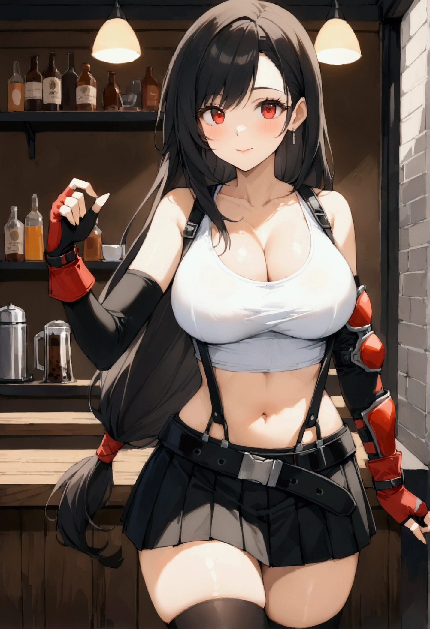 (score_9, score_8_up, score_7_up), BREAK (masterpeace),(best quality),(aesthetic,very aesthetic),film grain,wide eyes,,1girl, tifa lockhart, final fantasy,(beautiful woman). black hair, low-tied long hair, red eyes, bangs, white tank top,gap, belt, pleated skirt, thighhighs, elbow fingerless gloves, elbow pads, midriff, navel,suspender skirt.zettai ryouiki ,,(large_breasts:1.3),Solo,upperbody,looking_at_viewer, vibrant, joyful,cafe and bar,Framin,specular reflection,,mediumshot,Emphasize the cleavage