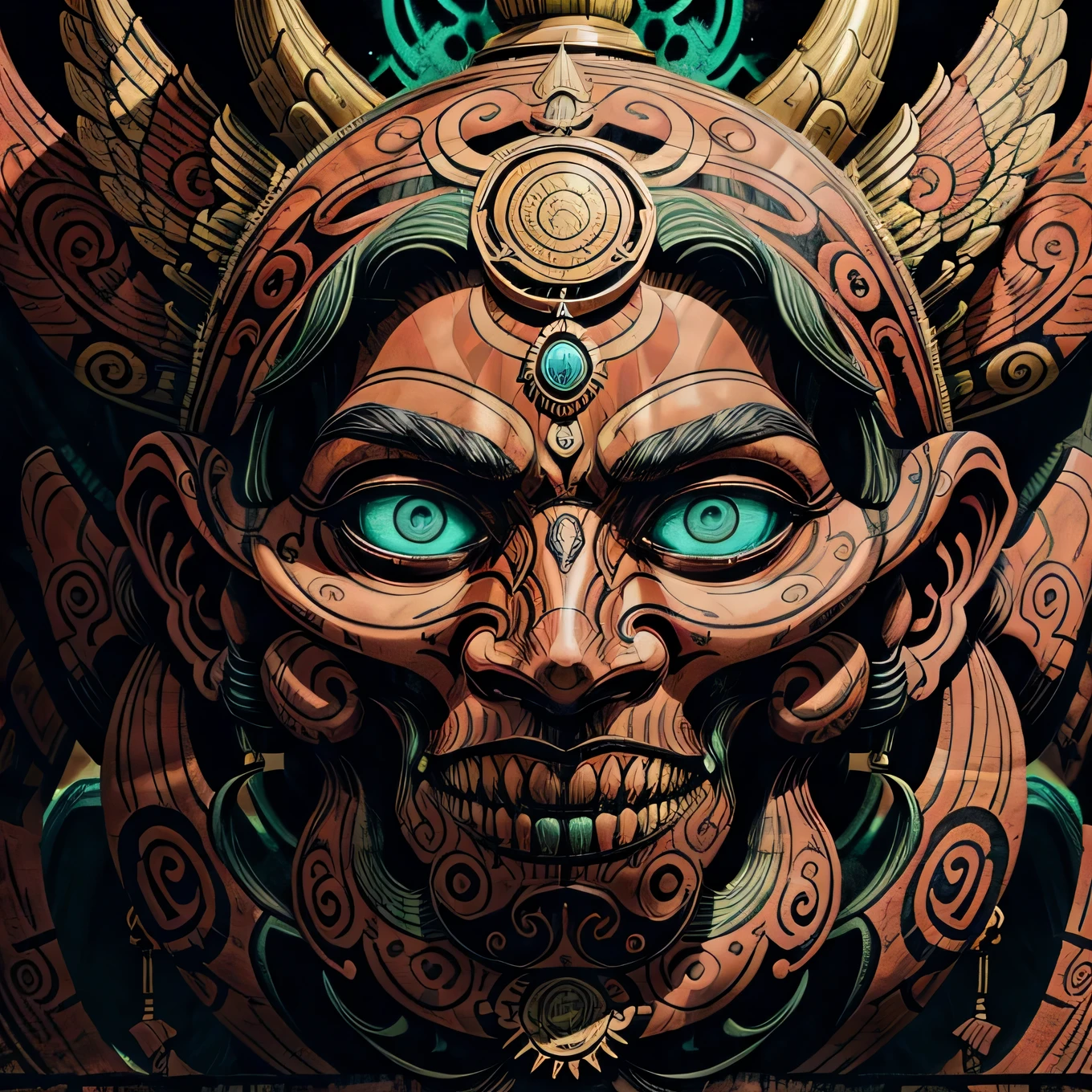 explosive, supernatural painting of a shape-shifting deity, adorned with chaotic and omnipresent Mayan motifs, piercing eyes, a breathtaking amalgam of art and captivating photo collage, Mesmerizing poster design:: its appearance exuded the enigmatic allure of ancient Mayan minimalism fused with cosmic chaos:: --ar 9:16 --s 963 --c 9 --q 2 --v 5
