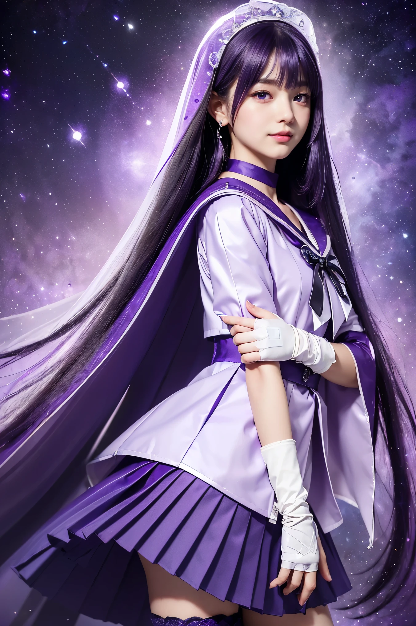 (((Purple straight long hair、Purple Hair)))、(((Wear a thick white sister veil)))、(((A 14 year old Japanese girl wearing a shiny purple short sleeve sailor uniform with elbow gloves and a purple cloak over it,smile)))、(((Purple latex sailor collar)))、(((Purple tex pleated skirt)))、choker、Earrings、ribbon、belly button、 (((Sailor Warrior Uniforms)))、、Beautiful ornaments: 美しいPerfect Face, Soft Skin、Perfect Face, Intricate details, Splash screen, 8k resolution, masterpiece, Cute Face、(((Violet purple light)))、(((Space Background))、Queen of Queenasterpiece, Highest quality, Highest quality, Official Art, Beauty and aesthetics: 1.2), (One girl: 1.3)