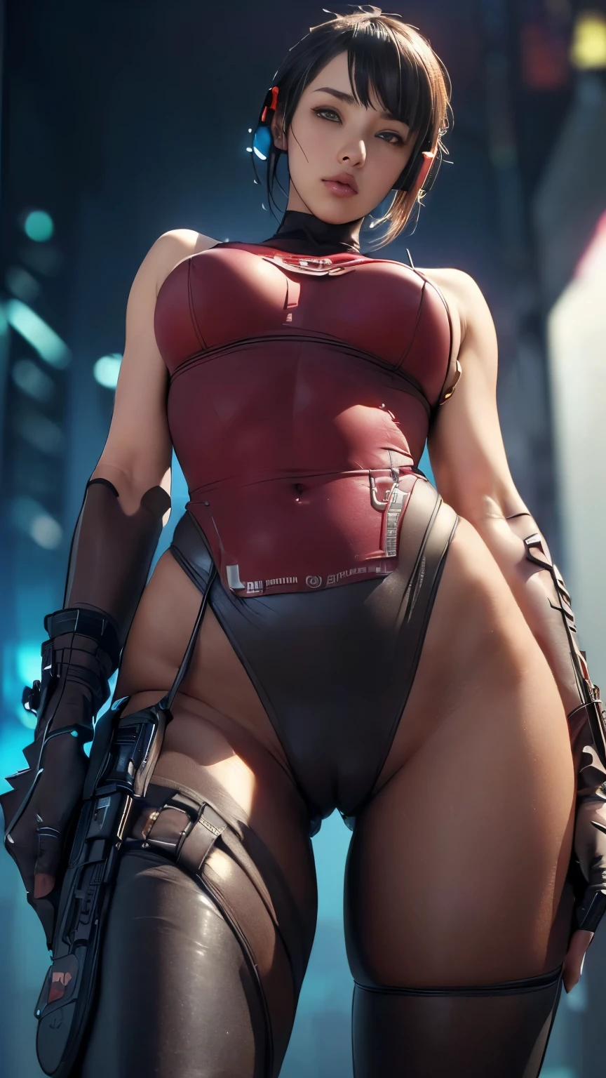 (A woman),(((A female special forces member stands))),((Maroon tactical High leg bodysuit:1.5)),((earphone:1.5)),((Tactical Holster:1.5)),(Gloves:1.5),(Serious:1.5),(Super short hair:1.5),(bionde:1.5),(beautiful eyes:1.3),(Very detailedな顔:1.5),((Very detailed drawing of a female hand:1.5)),((muscular:1.5)),(Sexy appearance:1.5),((Thick thighs:1.5)),(Beautiful Body:1.5),((Very sensual:1.5)),(The backdrop is a futuristic city:1.5),(Cyberpunk atmosphere:1.5),(((Blurred Background:1.5))),(Written border depth:1.5),rest(((masterpiece:1.5),(best quality:1.5),(Very detailed:1.5),(high resolution:1.5),(Practical:1.5),(Practical:1.5),(Delicate depiction),(Carefully drawn))),8k,wallpaper,from below:1.2,(((cameltoe:1.2)))
