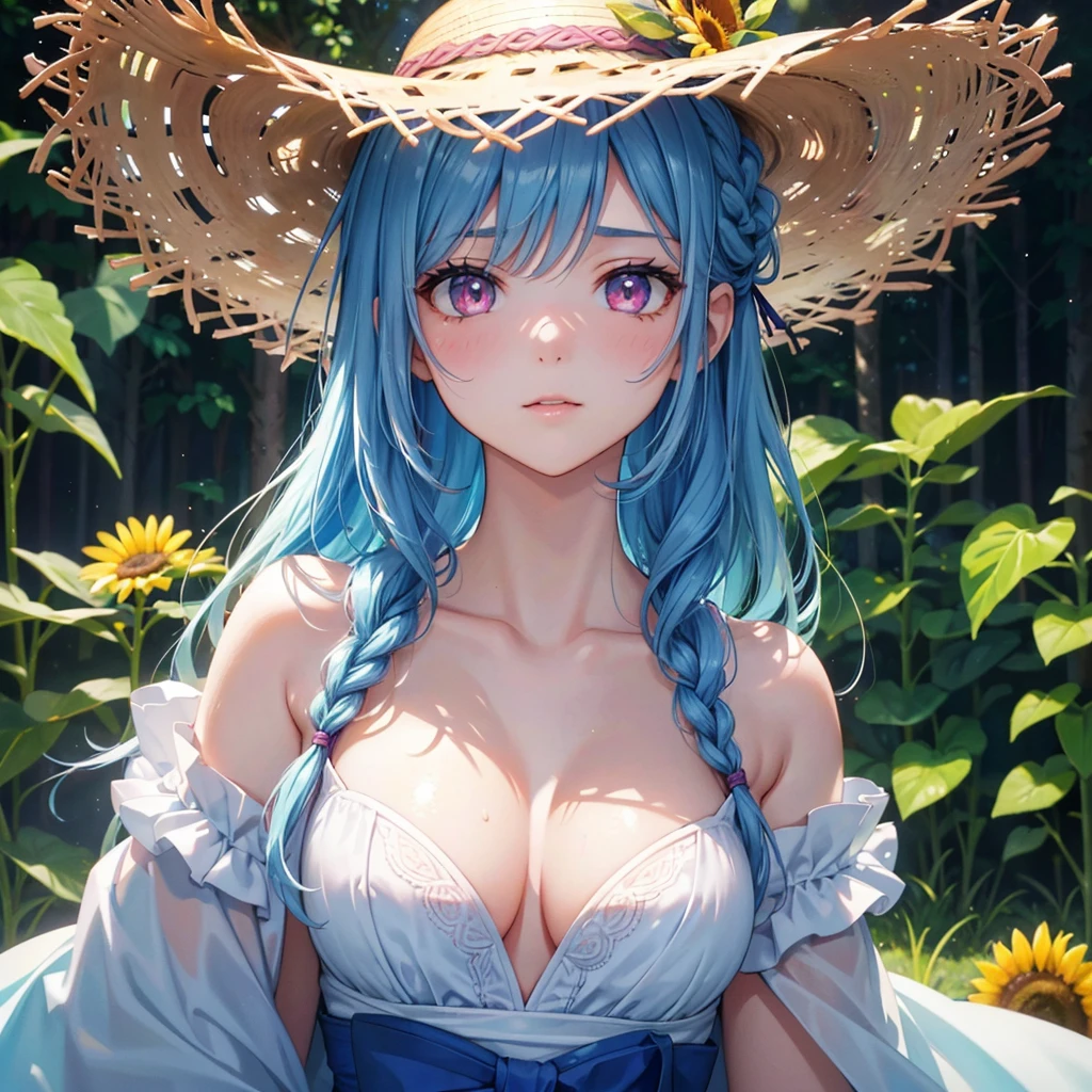 (Sky blue medium hair:1.2),(Braiding:1.2),(Pink Eyes),Fair skin ,(whole body),(One Girl),buzzer,Hide and seek in the sunflower field、Straight bangs,Wipe away sweat,Wink,Straw hat,(masterpiece, Highest quality, Very detailed, Best Shadow), (Detailed Background), (Beautifully detailed face), High Contrast, (Best lighting, Very delicate and beautiful), ((Cinematic Light)), colorful, Hyper Detail, 8k、Dramatic Light, Intricate details,buzzerの暑い日差し,