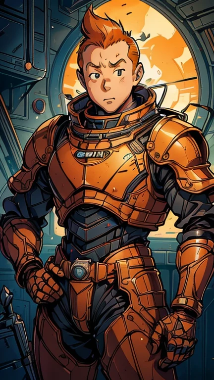 (Teens:1man: Tintin), (extremely detailed CG unit 8k wallpaper),(master part), (best quality), (ultra detali), (best illustration),(armorsuit), cowboy shot, (Sharp eyeliner, ombre, detailed eyes:1),Dark midnight derelict spaceship interiors background, ,break , (in a armor suit), upper body, short hair, orange hair
