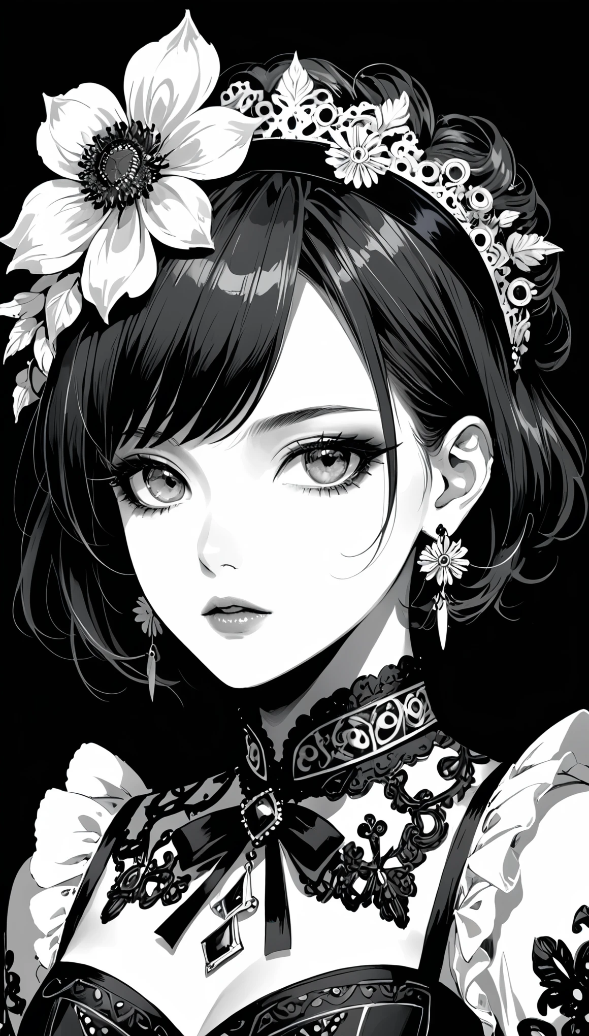 in style of Jaehyo Lee,in style of A. R. Penck,in style of Santiago Caruso,in style of Aleksi Briclot,in style of Mike Azevedo,
1girl,solo,hair ornament,short hair,black background,looking at viewer,hair flower,flower,simple background,earrings,upper body,hairband,bangs,jewelry,ribbon,medieval turtleneck pattern maid set,neck ribbon,(monochrome:1.4),(black and white:1.4),pale blue pupils,(insanely detailed and intricate, hypermaximalist, elegant, ornate, hyper realistic, super detailed),(confusing art style:1.1),(messy brushstrokes:1.2),