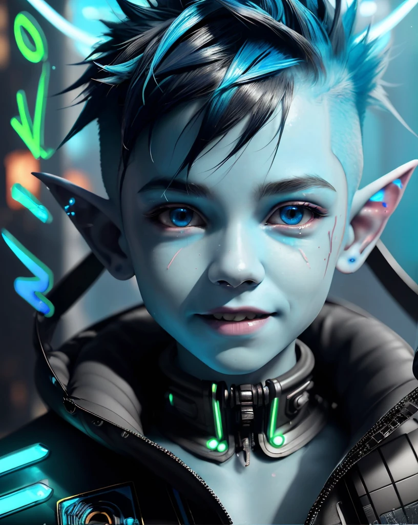 A punk boy with blue skin, elf ears, cyberpunk clothes, smiling in profile, underwater background,(best quality,4k,8k,highres,masterpiece:1.2),ultra-detailed,(realistic,photorealistic,photo-realistic:1.37),fantasy,digital art,cinematic lighting,vibrant colors,dramatic lighting