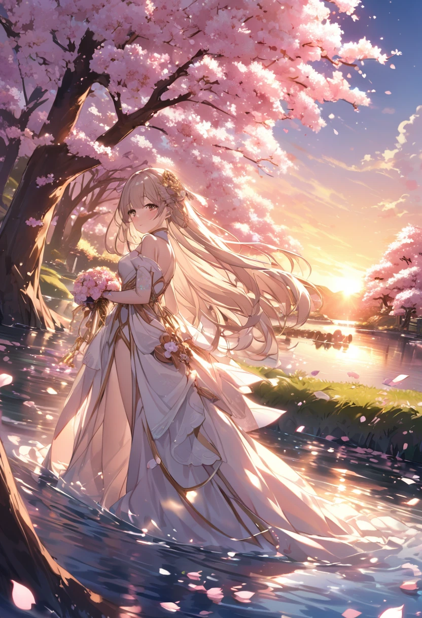 Attention to detail, Super Detail, Ultra-high resolution, Angels having a good time near the river of dreams, Cherry blossom tree and sunset behind the girl,The light of the setting sun shining down on her, The background is a cherry tree,A beautiful river flows to the right of the cherry blossom trees.,Cherry blossoms flutter around her,Cherry blossom petals falling,Delicate face, Add a fantastical atmosphere , 