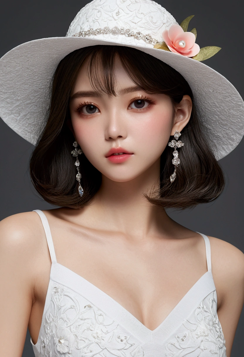 ((Highest quality, 8k, masterpiece: 1.3)), (Flower Cap: 1.3), concentrated: 1.2, Perfect Body Beauty: 1.4, Hips: 1.2, (Layered Haircut: 1.2)), (Dark Street: 1.3), Highly detailed face and skin texture, whole body, Delicate eyes, double eyelid, White skin, Long Hair, (Round face: 1.5), (loose crop top, Shorts: 1.6)