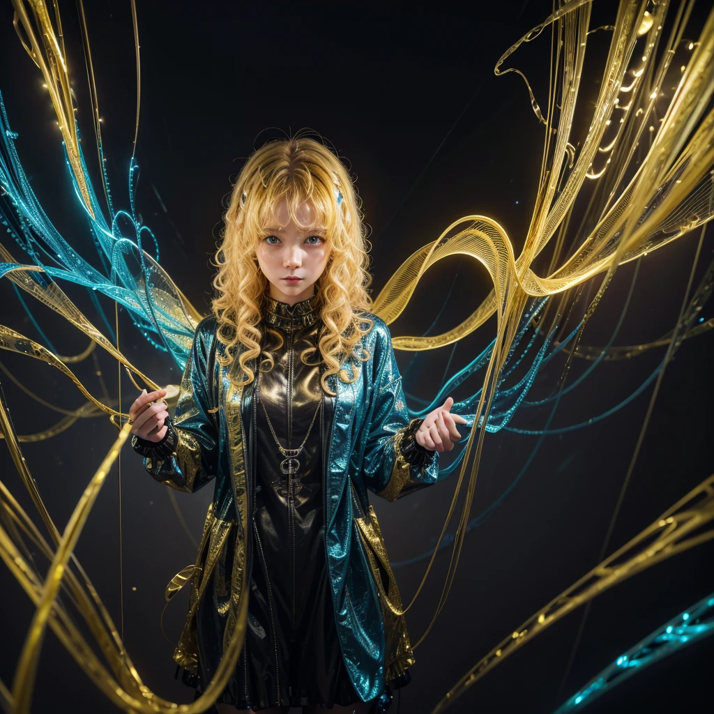 All yellow, abstract, curly fabric, clothes, blockchain's hash calculation, futuristic, blue Rembrandt lights style, 8k with 4D, mechanics, shiny lights vivid, realism, photo abstract, smoke, angel, archangel, alien forms of technology --ar 9:16 --s 963 --c 9 --q 2 -
