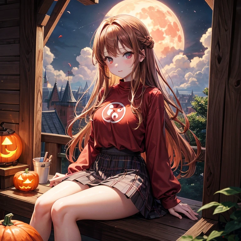 reddish brown blonde、Red eyes、One cute girl、solo、And soul、Light clothing、Checked mini skirt、petal、Wet hair、Sit on、black t-shirts、large tree、cloud、Red full moon、monster castle、Lantern in the shape of a pumpkin、Hell's Gate、armor、barefoot、Stones are piled up、Teeth are visible、Secret Treasure、Wooden chair、Moss grows、Fortress City、water is gushing out、Lightning strikes、Tilting face、Marble floor、Purple lipstick
