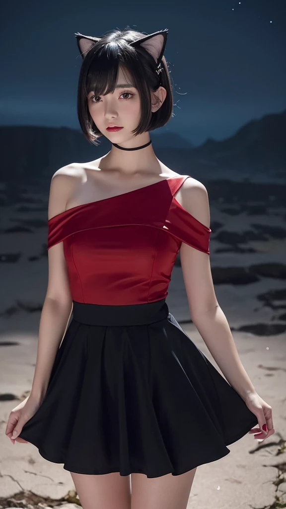 Delicate and dainty young woman with shiny bob-cut black hair and cat ears. She is wearing red only mini-skirt dress. The background is a fantastic and ethereal night sky that seems to be haunted by a specter. Her expression is stern and atmospheric. Angle from directly below