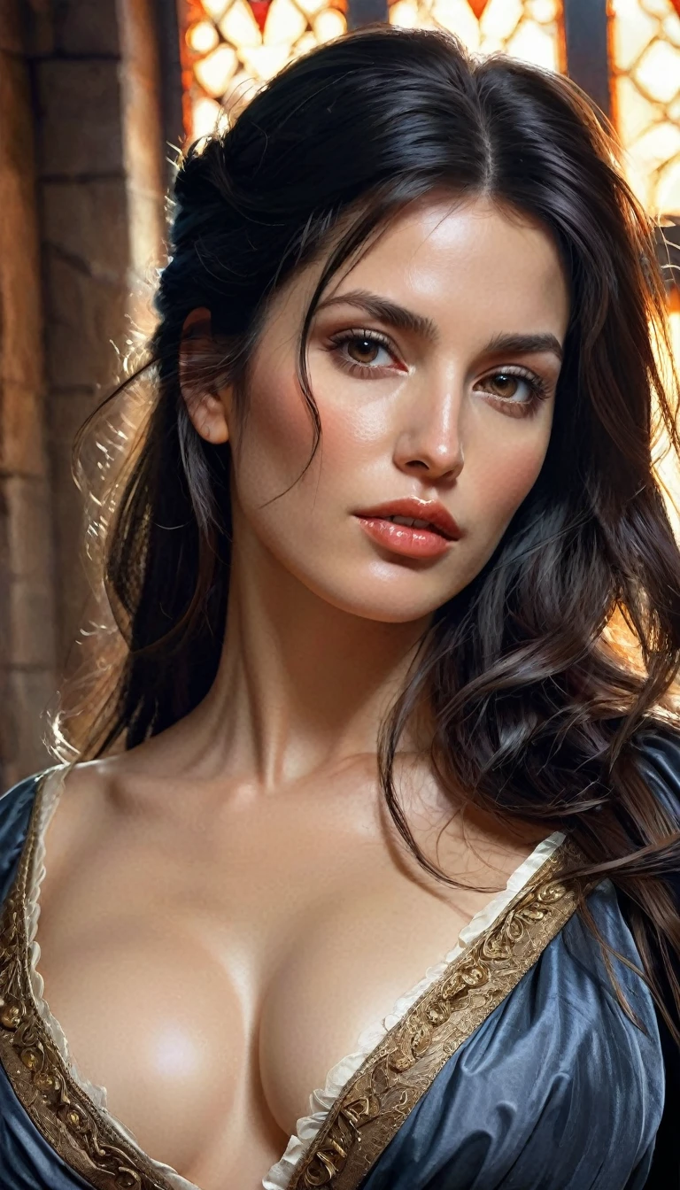 A detailed illustration of dark-haired beautiful Italian girl in a medieval dress, erotic and seductive, hyper detailed moist skin texture, high nose, noble, Soft and bright, HD Art by Greg Hildebrand, Liu Citemar, Sejic Stepan, Sanyang, Aikut Aidgudu, Justin Gerard, Alphonse Mucha, art gelm, WLOP and Greg Rutkowski, (Cindy Crawford:0.5)