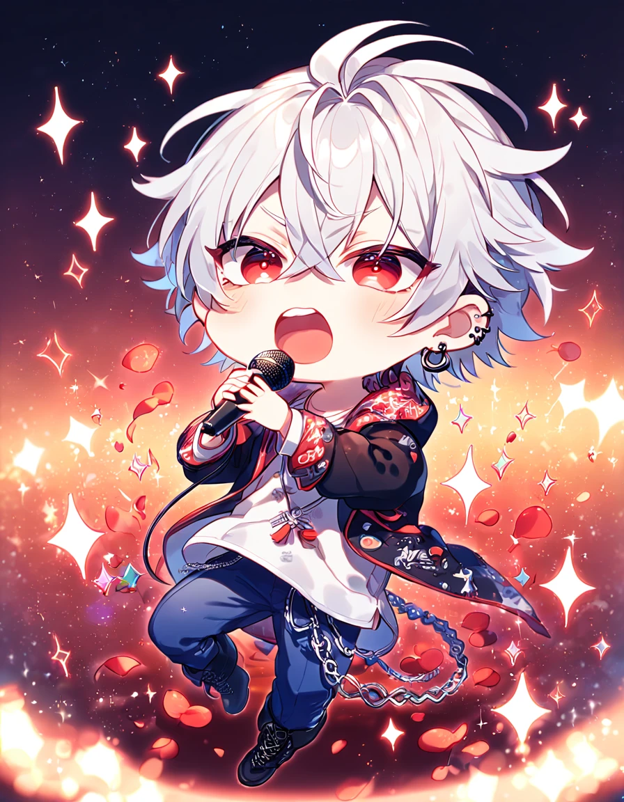 absurdres, highres, ultra detailed, HDR, master piece, best quality, extremely detailed, Aohitsugi Samatoki chibi, chin length white hair, expressive red eyes, long eyelashes, Hypnosis Mic, white shirt, blue pants, black boots, ear piercings, solo, cute, fantasy, holding a microphone, singing, stage, sparkling, red glittering lights, magical, red petals, lights
