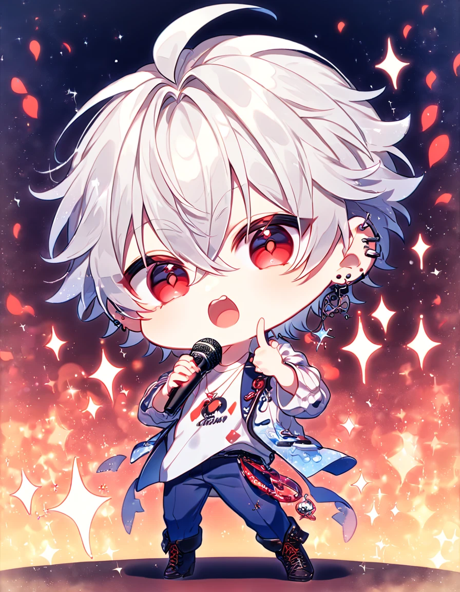 absurdres, highres, ultra detailed, HDR, master piece, best quality, extremely detailed, Aohitsugi Samatoki chibi, chin length white hair, expressive red eyes, long eyelashes, Hypnosis Mic, white shirt, blue pants, black boots, ear piercings, solo, cute, fantasy, holding a microphone, singing, stage, sparkling, red glittering lights, magical, red petals, lights