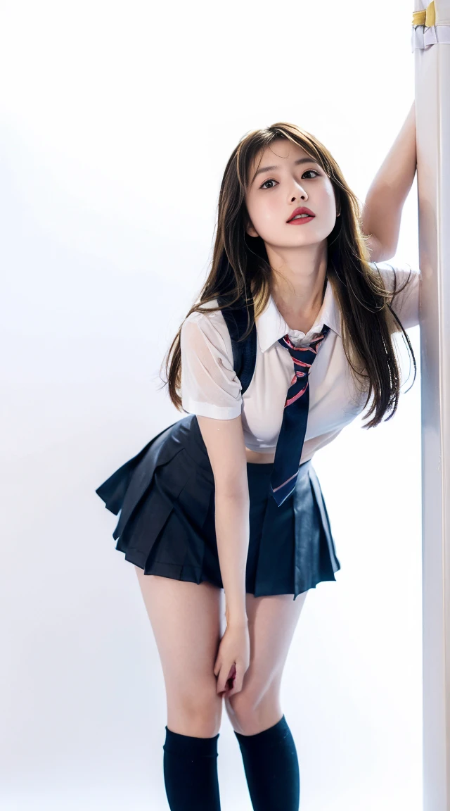 Woman in a short skirt and tie, Knee socks and skirt, String,(かわいいhigh school girl), (a hyper Realistic schoolgirl) ,pierce , high school girl , Wearing a skirt and high socks, Wearing a skirt, Wearing a white shirt ,side-strap String white panties, ポーズをとるhigh school girl, (White Background:1.3),break ,  1 girl, alone, Show some skin, Cleavage ,Very beautiful woman with hands on hips,(Looking up at the viewer:1.2), (Bird&#39;s Eye View:1.2), Big Breasts, Nipples, Intricate details, Athletic and healthy body, mischief, Lewd, Perfect hands, Fine hand, Perfect Eyes, Detailed eyes,(Severe:1.1),(Improve:1.2), (Sunburned skin:1.5), (dynamic pose) ,(Long blonde Nadia:1.6),(Wind:1.45), Realistic, High resolution, 超High resolution, dynamic,(colorful) , Light blooming effect,Browsing Caution,