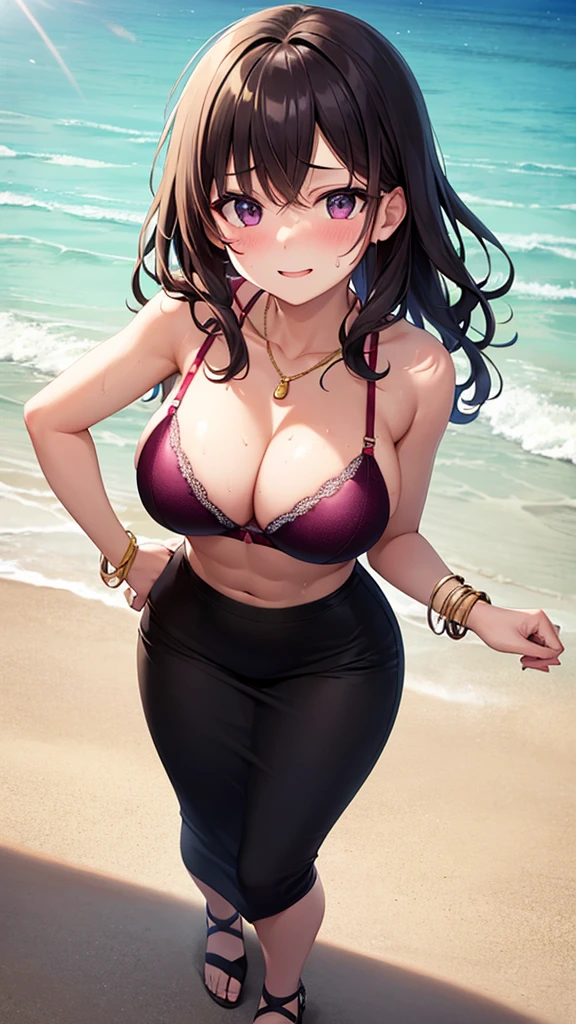 masterpiece, best quality, 1girl, beautiful business woman with wavy hair, dark plum hair, large breasts, wide hips, slim body, athletic body, muscle, abs, pink bra, black maxi pencil skirt, sandals, cleavage, midriff, waist, hip bones, beach, ocean waves, looking at viewer, full body, hand on own hip, messy hair, sweatdrop, very sweaty, full-face blush, light smile, necklace, gold bracelet, wide-eyed