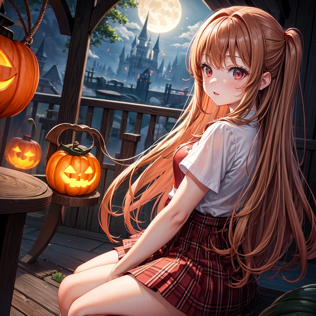 reddish brown blonde、Red eyes、One cute girl、solo、And soul、Light clothing、Checked mini skirt、petal、Wet hair、Sit on、black t-shirts、large tree、cloud、Red full moon、monster castle、Lantern in the shape of a pumpkin、Hell's Gate、armor、barefoot、Stones are piled up、Teeth are visible、Secret Treasure、Wooden chair、Moss grows、Fortress City、water is gushing out、Lightning strikes、Tilting face、Marble floor、Purple lipstick