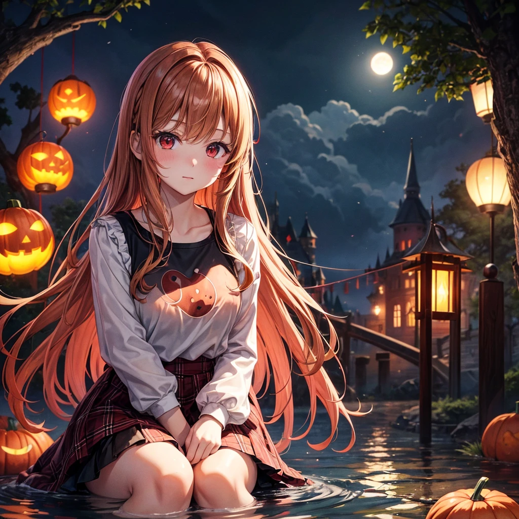 reddish brown blonde、Red eyes、One cute girl、solo、And soul、Light clothing、Checked mini skirt、petal、Wet hair、Sit on、black t-shirts、large tree、cloud、Red full moon、monster castle、Lantern in the shape of a pumpkin、Hell&#39;s Gate、armor、barefoot、Stones are piled up、Teeth are visible、Secret Treasure、Wooden chair、Moss grows、Fortress City、water is gushing out、Lightning strikes、Tilting face、Marble floor、Purple lipstick