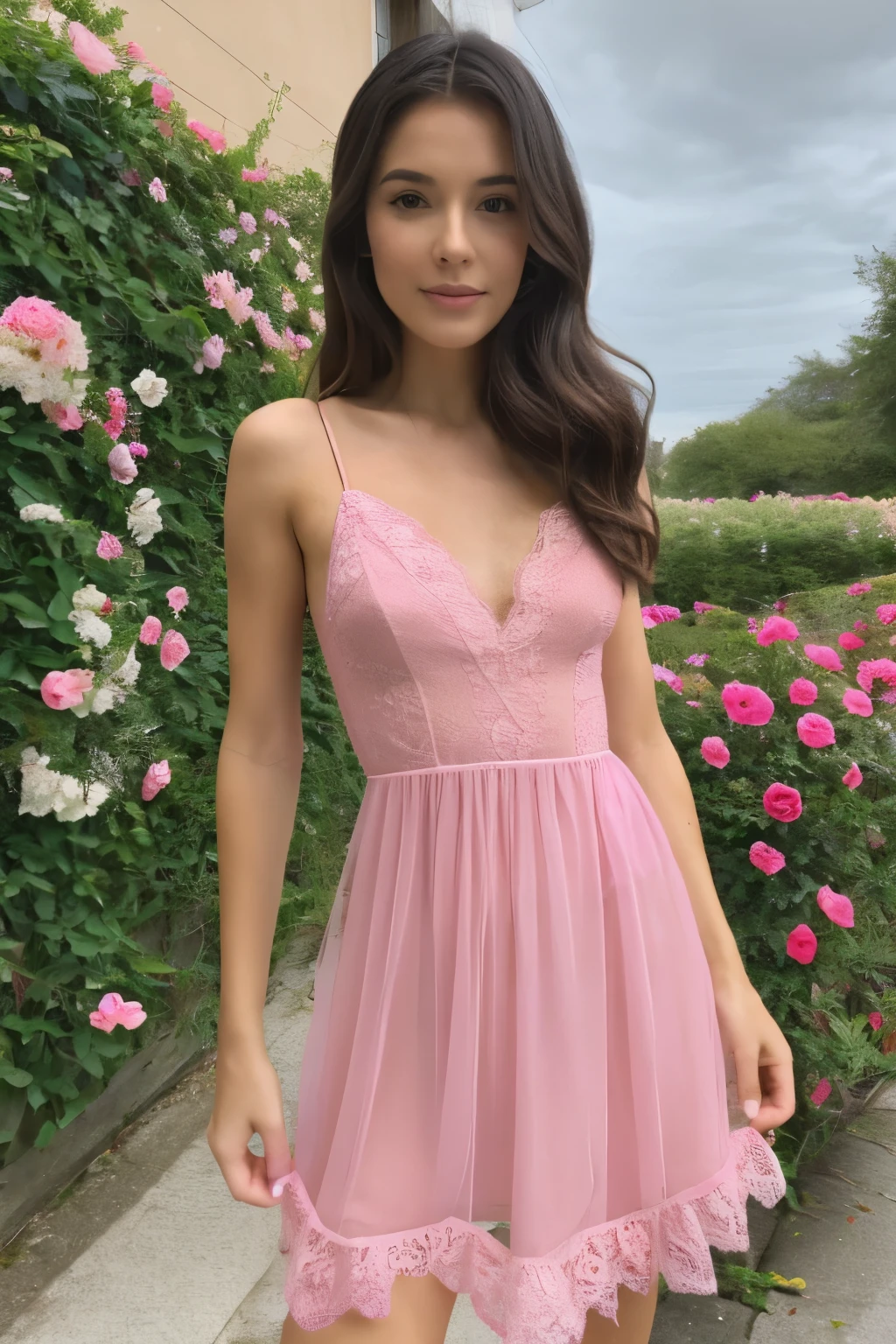 A thin delicate girl wearing a pink lace dress with coquette style flowers 