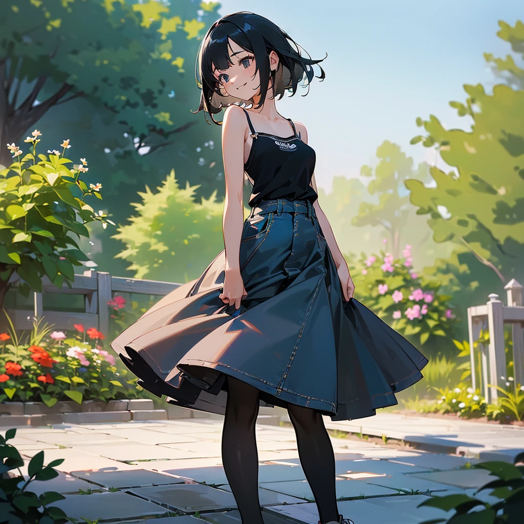 (high quality, High resolution, Very detailed, reality:1.37), Peaceful atmosphere, (Outdoor, garden), girl standing alone, (my breasts are big.), Beautiful details, Cute Smile, (Black bob hair), camisole, Denim skirt, Black tights, sneakers.