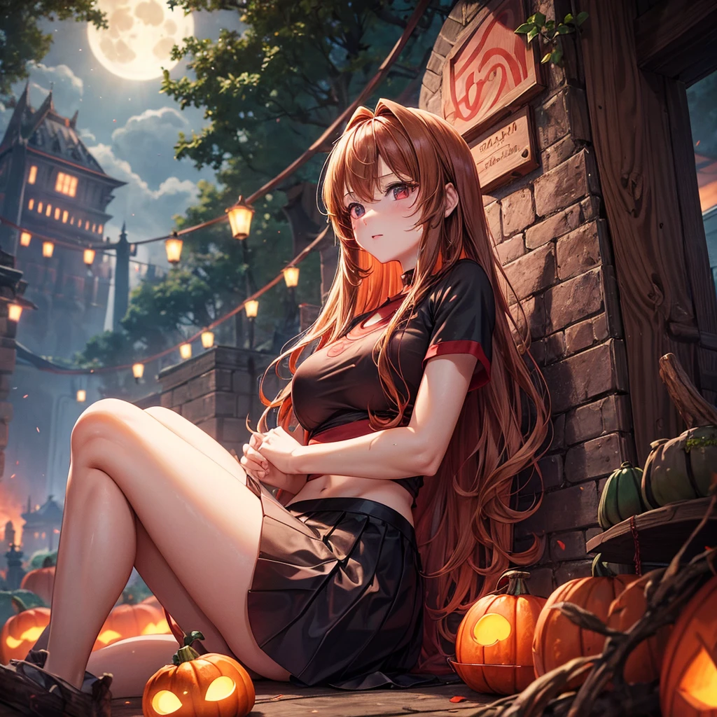 reddish brown blonde、Red eyes、One cute girl、solo、And soul、Light clothing、Checked mini skirt、petal、Wet hair、Sit on、black t-shirts、large tree、cloud、Red full moon、monster castle、Lantern in the shape of a pumpkin、Hell&#39;s Gate、armor、barefoot、Stones are piled up、Teeth are visible、Secret Treasure、Wooden chair、Moss grows、Fortress City、water is gushing out、Lightning strikes、Tilting face、Marble floor、Purple lipstick