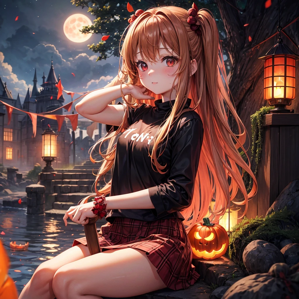 reddish brown blonde、Red eyes、One cute girl、solo、And soul、Light clothing、Checked mini skirt、petal、Wet hair、Sit on、black t-shirts、large tree、cloud、Red full moon、monster castle、Lantern in the shape of a pumpkin、Hell's Gate、armor、barefoot、Stones are piled up、Teeth are visible、Secret Treasure、Wooden chair、Moss grows、Fortress City、water is gushing out、Lightning strikes、Tilting face、Marble floor、Purple lipstick