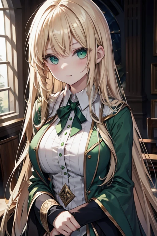 A wizard with long blonde hair, green eyes, and large breasts, dressed in Slytherin clothing.