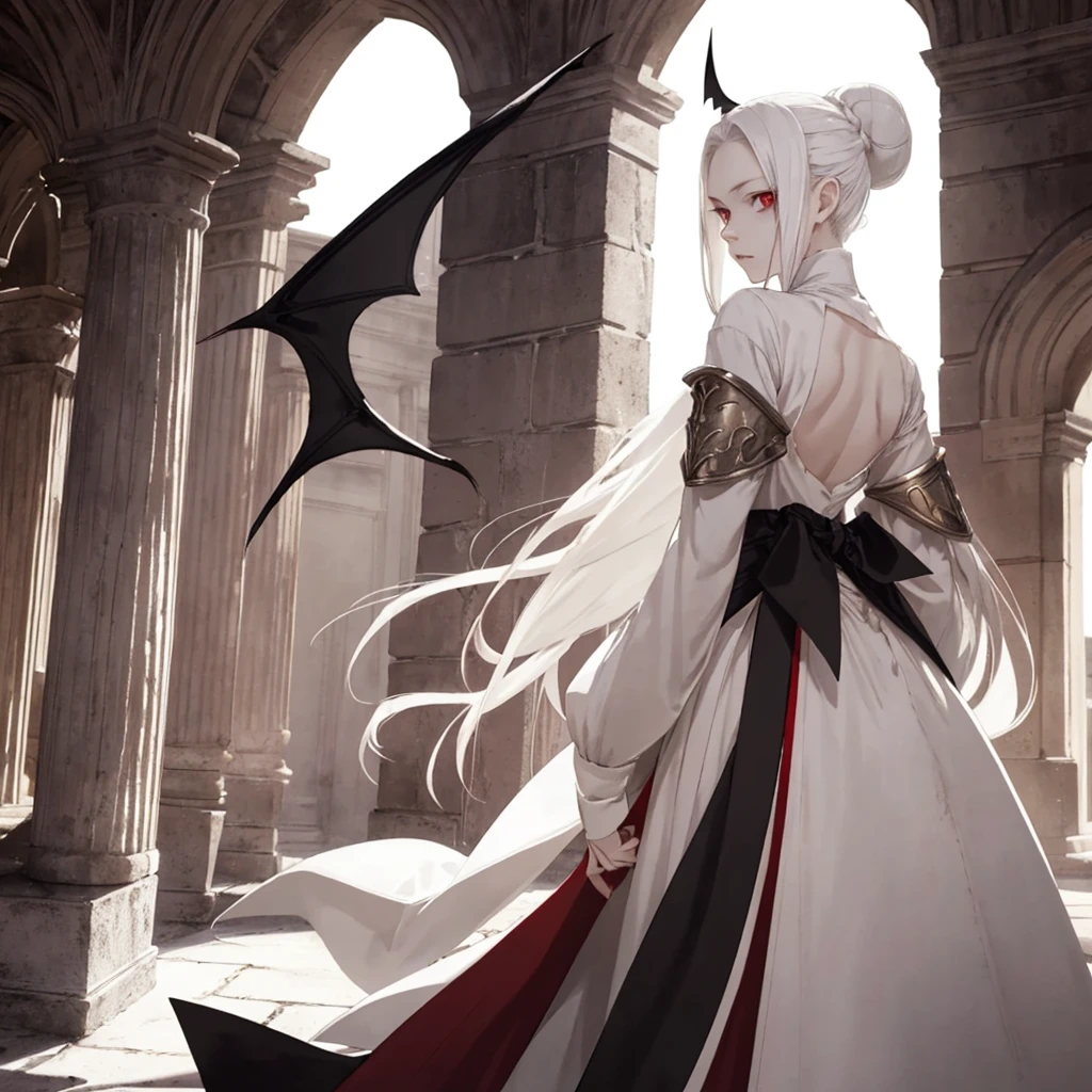 a young beautiful girl, calm, vampire, bright red eyes, white long hair, pale skin, hairstyle bun at the back, white ancient shirt, black ancient pants with armor, bat wings on the back, flat body shapes, furnishings of an old castle, sun rays, dark atmosphere