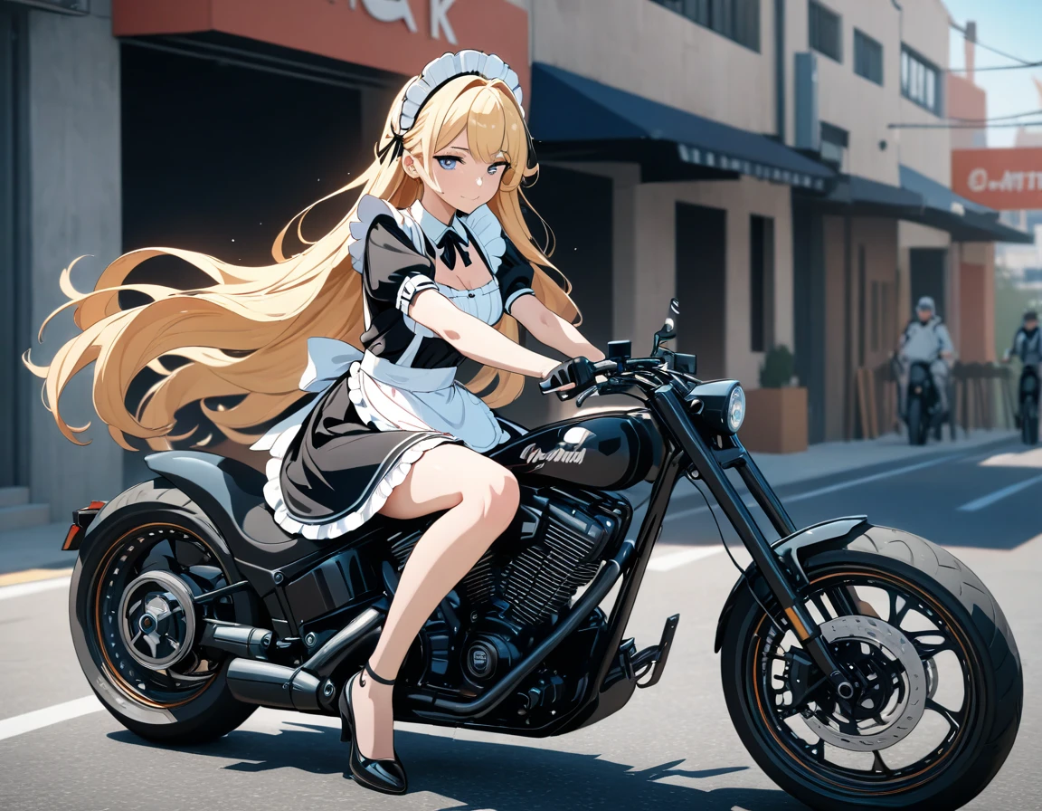 (((Best quality, 8k, Masterpiece: 1.3)), ((best quality)), ((masterpiece)), (detailed), perfect face, A maid girl with long blonde hair, Her thick hair flows, A maid costume with frills. , high resolution, Textured skin, anime style, A maid riding a motorcycle, a maid driving a motorcycle, A motorcycle racer leaning her body to take a corner