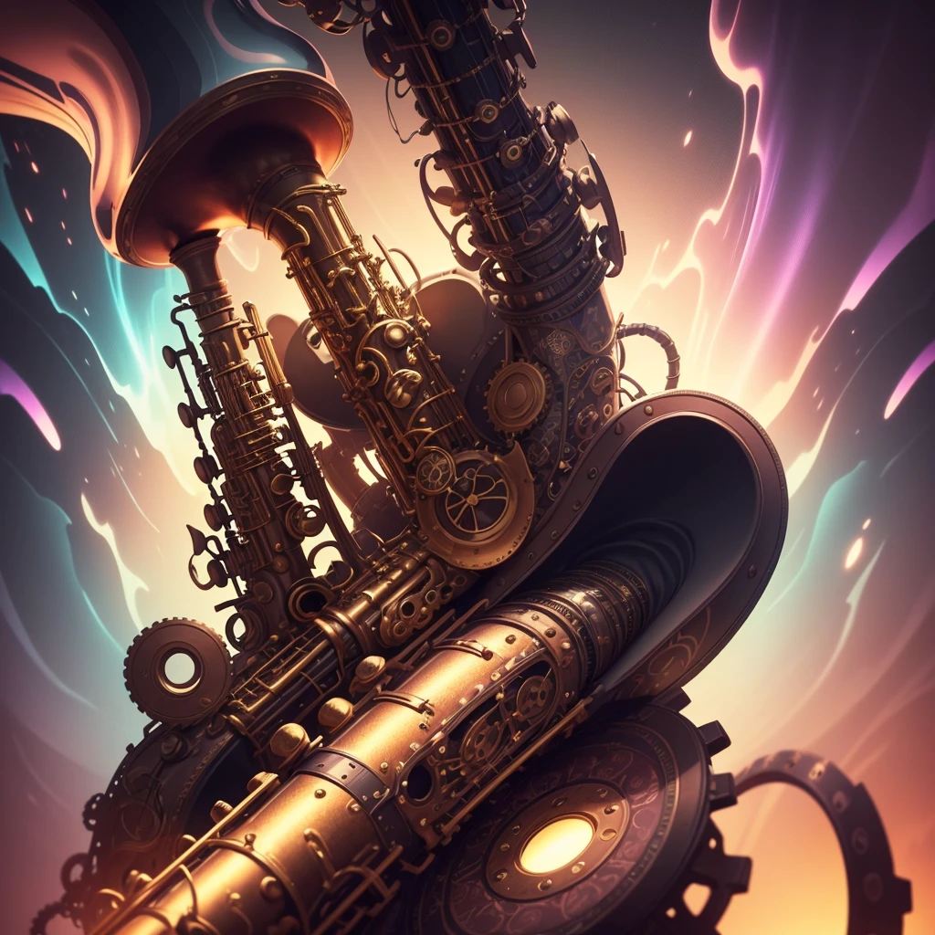 Create a surreal and psychedelic steampunk scene with a single, large saxophone as the central element. The saxophone should be highly detailed with a shiny, metallic texture and steampunk embellishments. Central Saxophone: The saxophone should be the focal point of the image, featuring elaborate steampunk details. It should have intricate brass and copper elements, with visible gears and pipes integrated into its design. Ensure the saxophone appears to float prominently in the scene. Psychedelic Background: Surround the saxophone with a vibrant, surreal background. Use swirling, abstract patterns and bright, vivid colors to create a psychedelic effect. Incorporate flowing, liquid-like shapes and dynamic gradients to enhance the dreamlike quality. Atmospheric Effects: Add glowing light effects or soft, ethereal fog around the saxophone to emphasize its presence and create a mystical ambiance. Steampunk Accents: Integrate subtle steampunk motifs such as floating mechanical gears or cogs within the background or around the saxophone to reinforce the theme without overshadowing the main element. The overall mood should be a blend of dark mystery and vivid psychedelia, with the saxophone as the captivating centerpiece