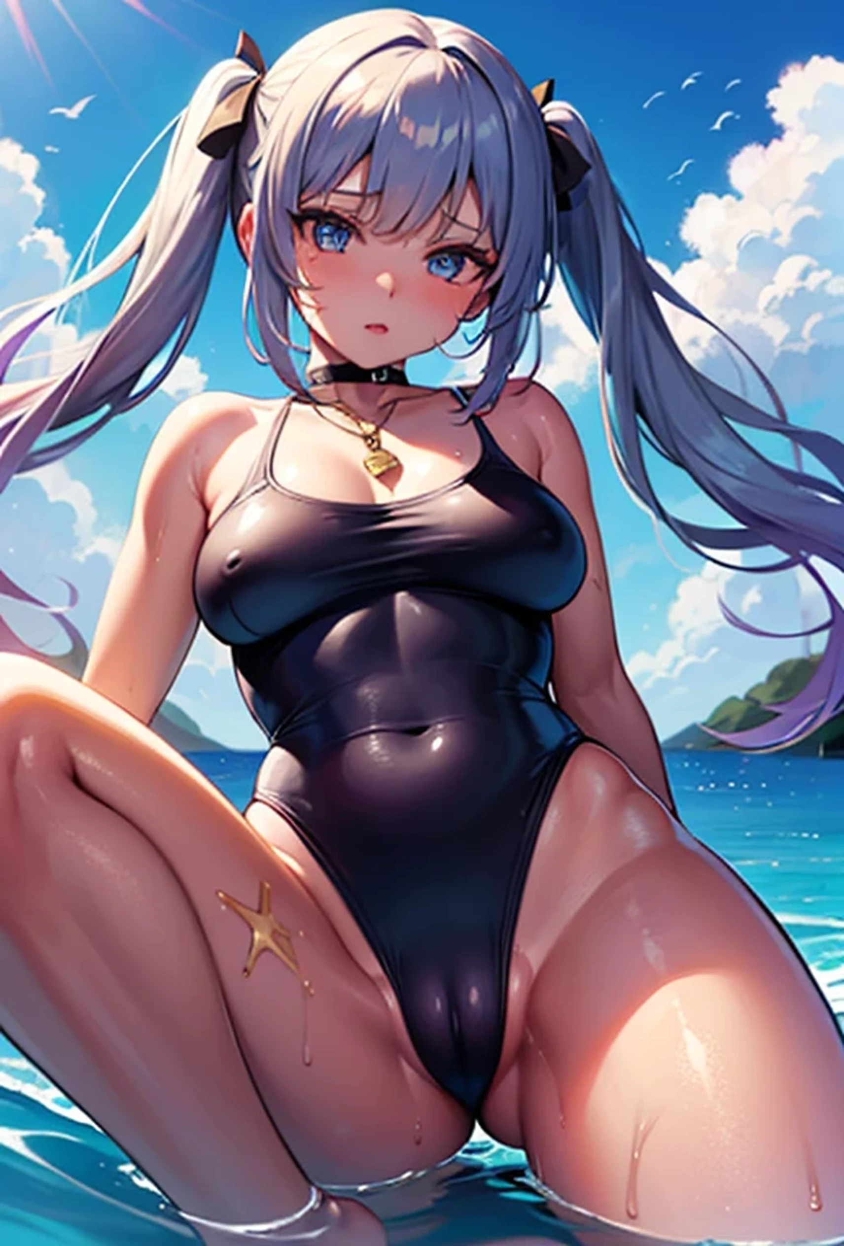 (Super detailed、Ultra-high resolution、8K masterpiece、Vibrant colors)、((Flat Color))、((Floating water))、summer、coastal、 A woman in a sexy swimsuit、(Angle from below）、(Gold chain body accessories)、Randomly open your legs、Random Sexy Poses、Sweaty、 ((body paint、Pop tattoo on thigh))、Big Breasts、 (Tight swimsuit、choker）、Nipple shape、cameltoe、Beautiful hip line、Butt、nude、 (Twin tails、Vermilion, blue, silver, golden hair、hair ornaments)、Beautiful blue eyes、Beautiful red lip、（Reluctant、Bad mood）、 TWICE&#39;s Tzuyu&#39; on pause