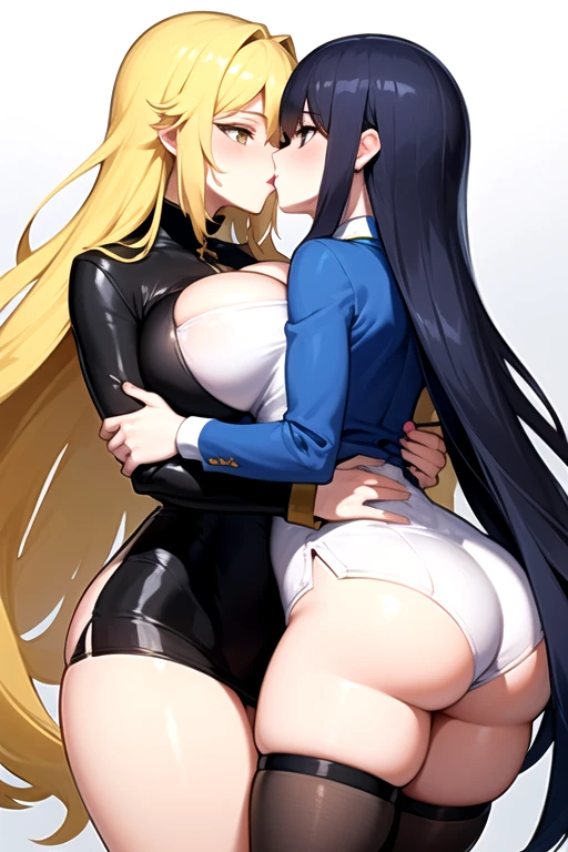 Lesbian (very long loose yellow hair)(big breasts, big thighs)(with school uniform clothes it is very tight) that he is kissing at school with his girlfriend,(big breasts, big thighs)lesbian love