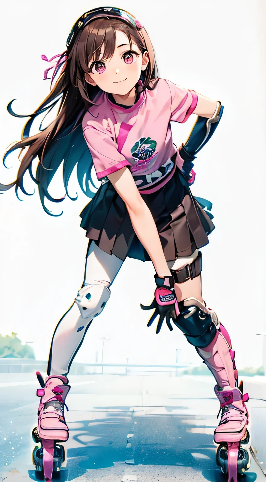 Highest quality、(((Dark brown long hair)))、Two Side Up、(((knee protector)))、((((Pink inline skates))))、((Wearing elbow protectors))、Wrist Guard、Short puff sleeve shirt、、Knee-length skirt、Bright smile、Round droopy eyes、Cute pose