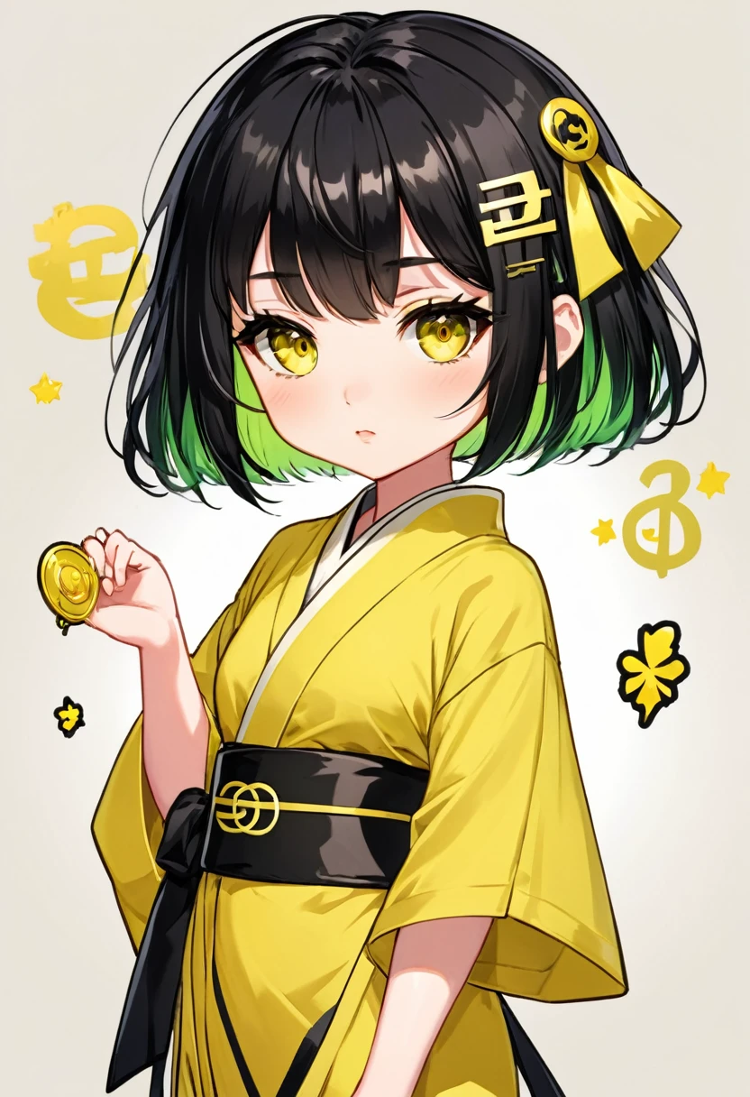 (masterpiece), best quality , (yellow miko robe), (black sash), ((dollar sign hairpin)), green highlights, short bob hime haircut, bangs, black hair, kuudere, bored expression, cute, yellow eyes, chibi
