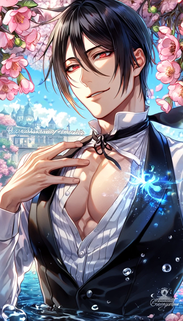 absurdres, highres, ultra detailed, HDR, master piece, best quality, Wriothesley, black hair, expressive blue eyes, Genshin Impact, solo, sexy man, handsome, horny, lewd, black priest robes, accessories, showing the chest, cross necklace, priest, white gloves, fantasy, magical, white roses, white petals, blue sky, church, Nu Carnival