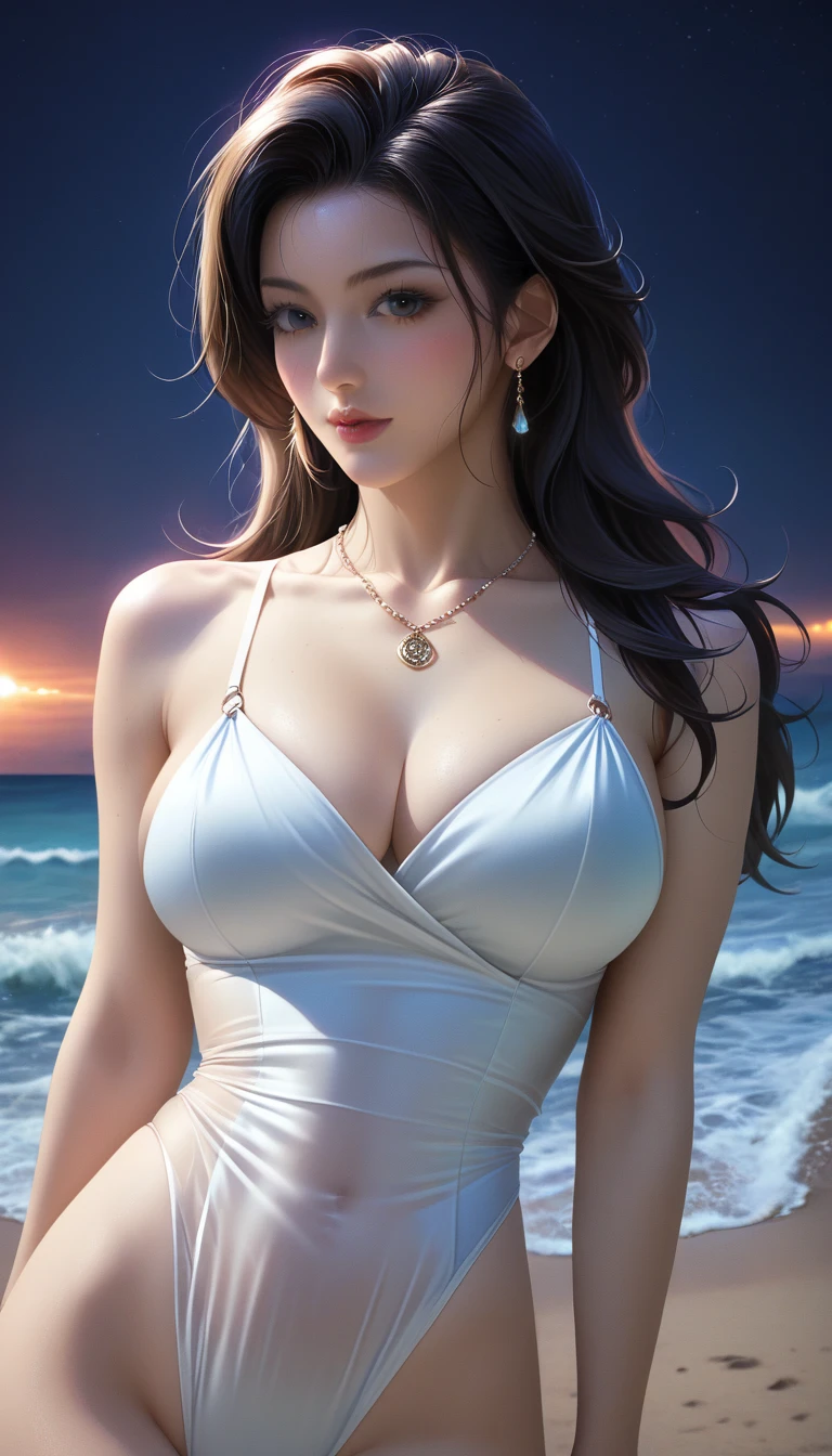 score_9, score_8_superior, score_7_superior, Masterpieces with up to 16K resolution,Highest quality,it is really amazing,Very detailed,Ultra-high resolution,(Ultra-realistic:1.1),(Realistic:1.1),Increased depth of field,Cinematic lighting,
Elegant Japanese MILF,
Long black hair,Ultra-detailed and beautiful faces,Translucent white skin,Very detailedな肌,
(Elegant white swimsuit:1.1),
Bold design,Artistic design,Beautiful and detailed pattern,Detailed fabric texture,
Gorgeous necklace,Earrings,
(Bali Beach:1.1),(Dark beach at night:1.1),(Deserted beach:1.1),(A pitch black night sky with dark clouds:1.1),
(Dramatic Angle:1.1),
