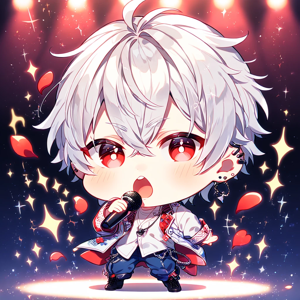 absurdres, highres, ultra detailed, HDR, master piece, best quality, extremely detailed, Aohitsugi Samatoki chibi, chin length white hair, expressive red eyes, long eyelashes, Hypnosis Mic, white shirt, blue pants, black boots, ear piercings, solo, cute, fantasy, holding a microphone, singing, stage, sparkling, red glittering lights, magical, red petals, lights